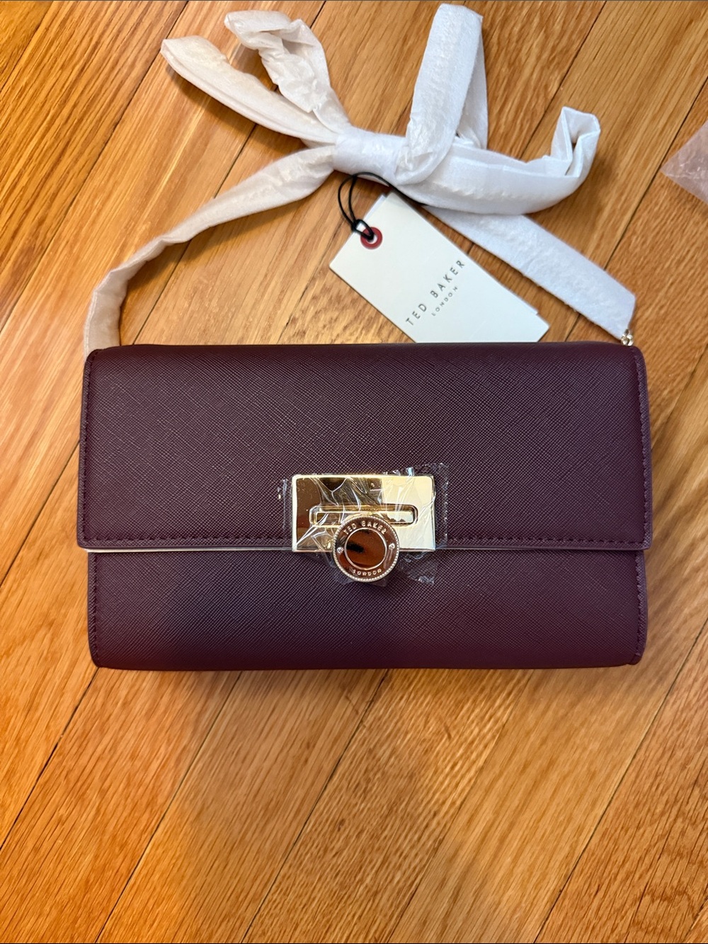 Ted Baker Burgundy Saffiano Crossbody with Gold-Tone Lock
